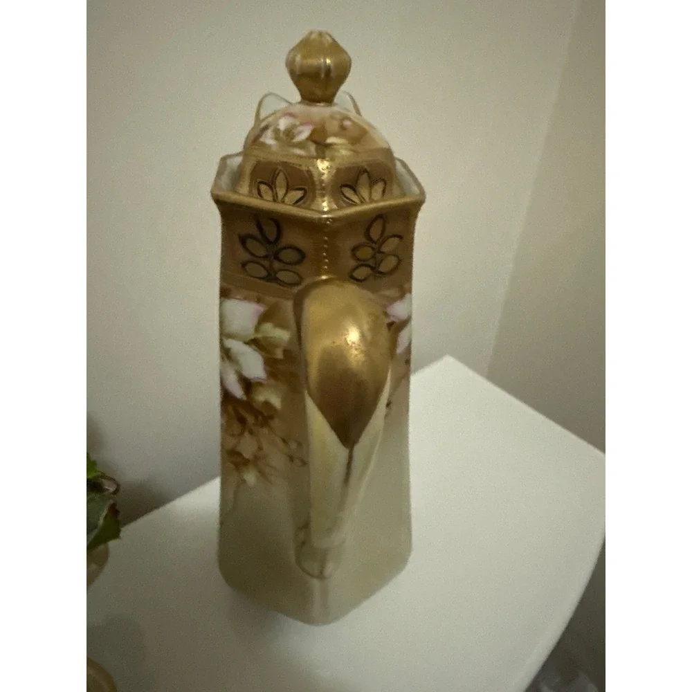 Antique Nippon Chocolate Pot Hexagonal Hand Painted Floral Gold Moriage Gilt
